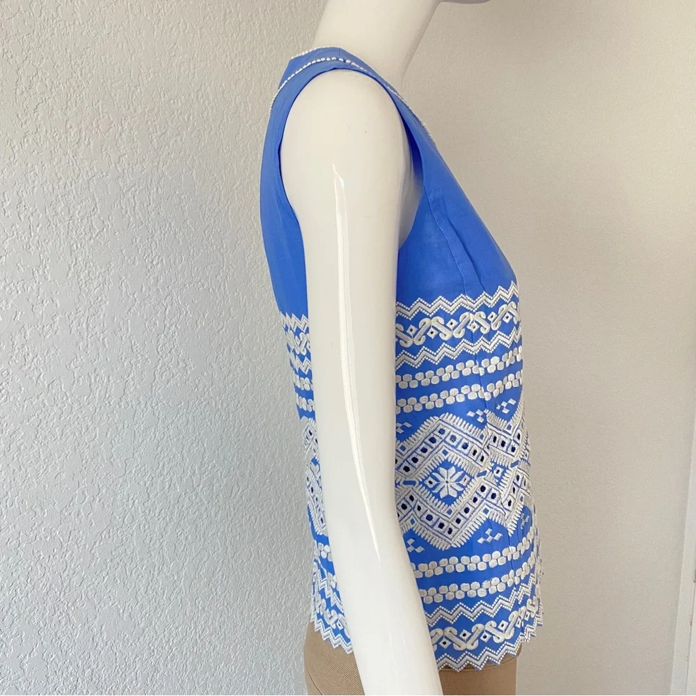 Tory Burch blue white embroidery top